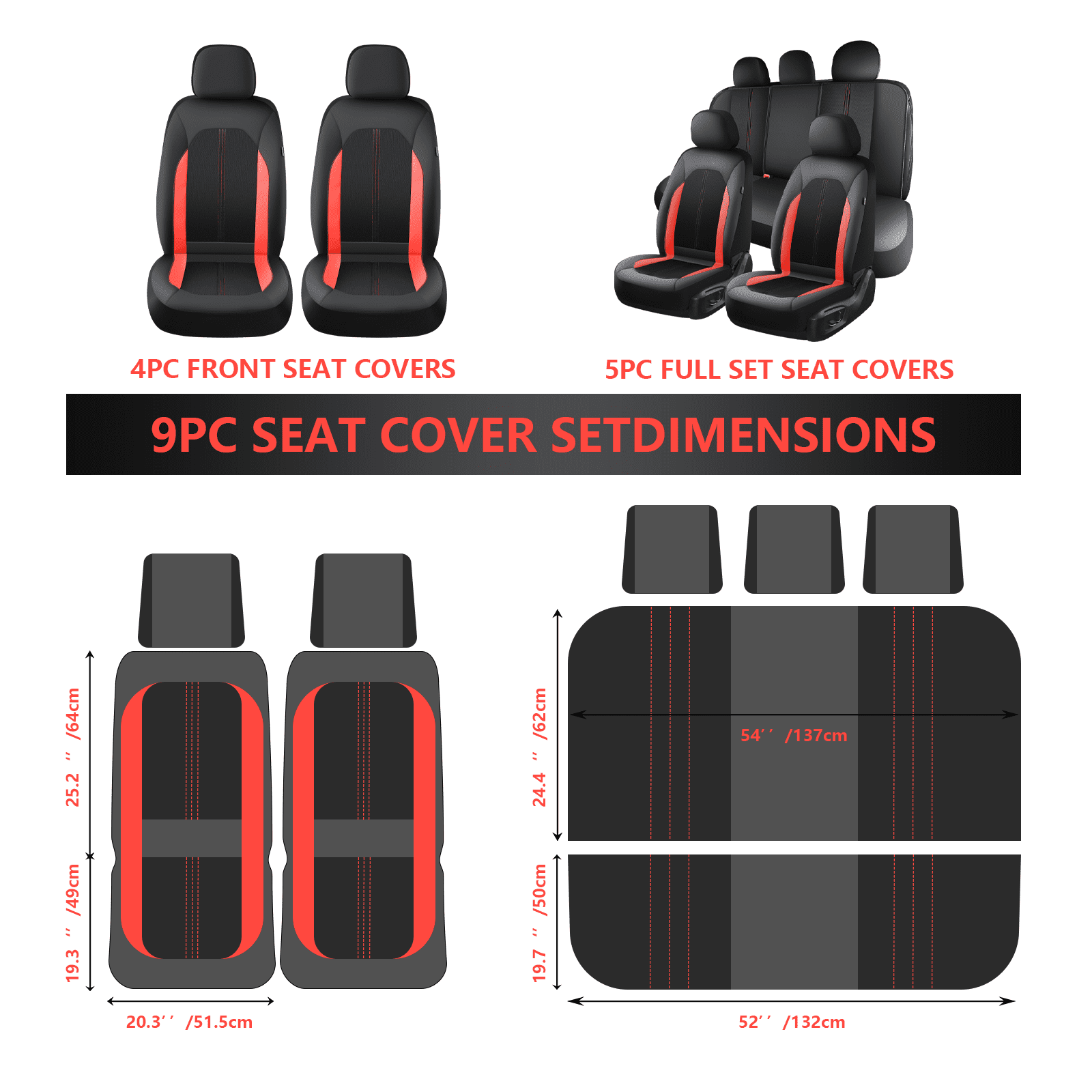 Coverado Full Set Car Seat Covers, Premium PVC&Fabric Material Seat Protectors, Universal Fit for Most Cars, Black&Red