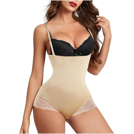 

Eleady Waist Trainer for Women Lace Bodysuit High Waist Tummy Control Butt Lifter Panties Slim Full Body Shaper Shorts(Beige X-Small-Small)
