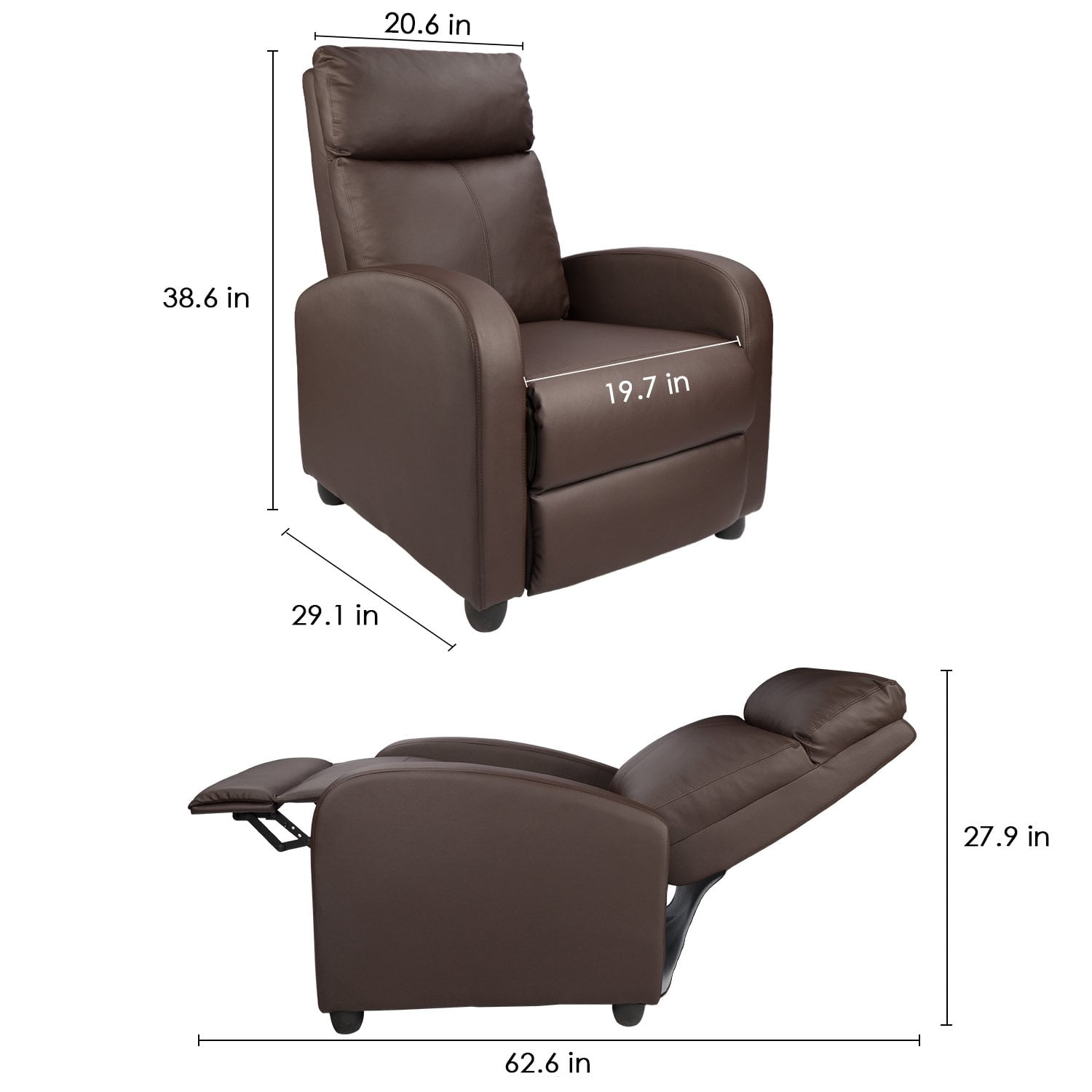 Walnew Single Recliner Thick Padded Push Back Recliner with Faux Leather, Brown