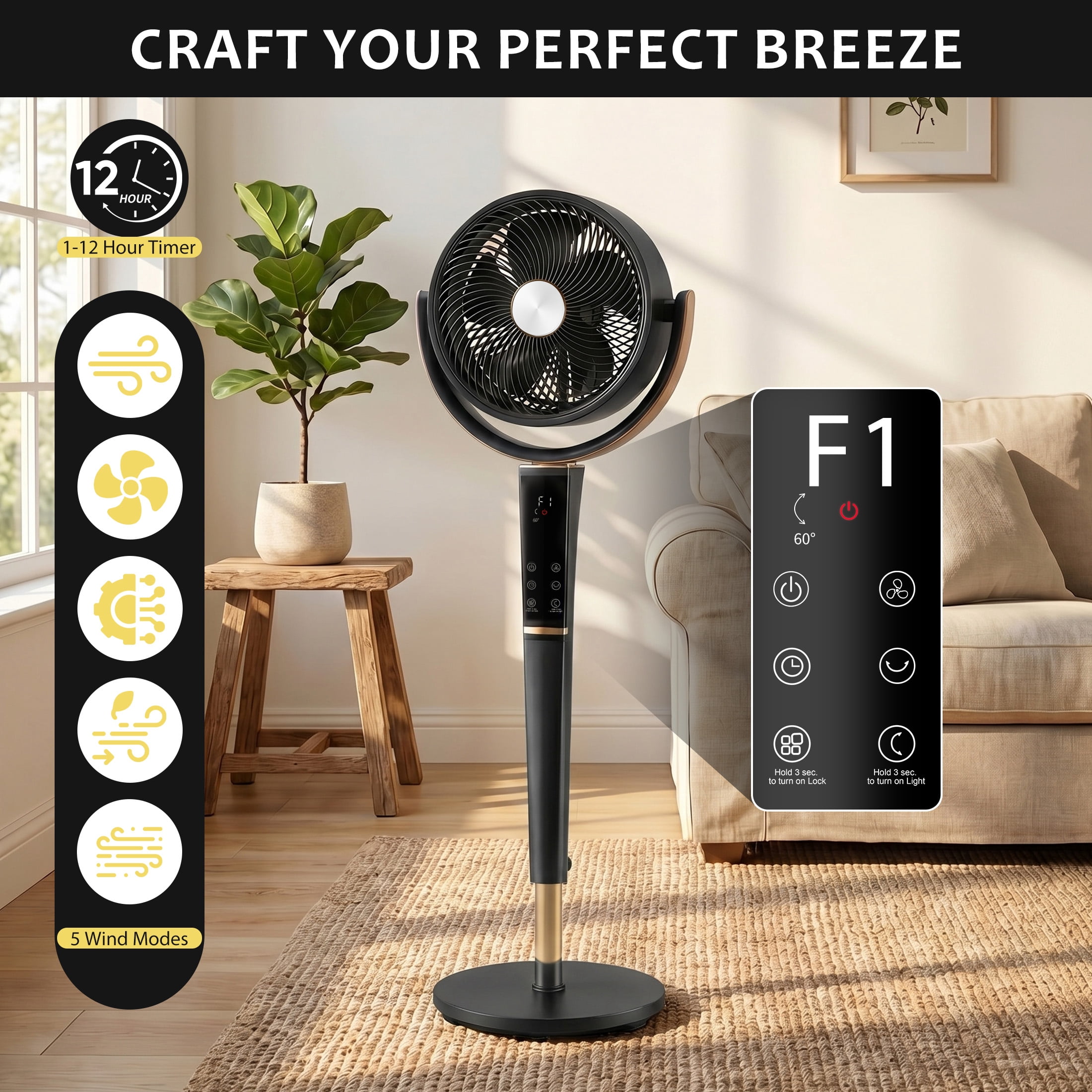 EDX Bedroom Pedestal Fan, Quiet 20dB DC Air Circulator, 15 Speeds 5 Modes, 120° Oscillation, 12H Timer, 1050CFM Airflow, 37-45" Adjustable Height, LED Light, Standing Fan with Remote, Black