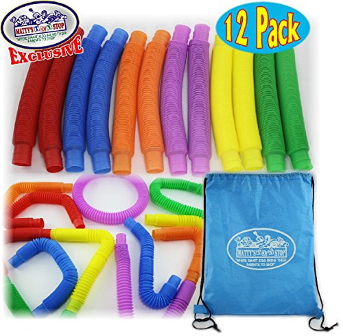 Mattys Toy Stop Pull N Pop Multi-Color Tubes (Toobs) with Storage Bag - 12 Pack