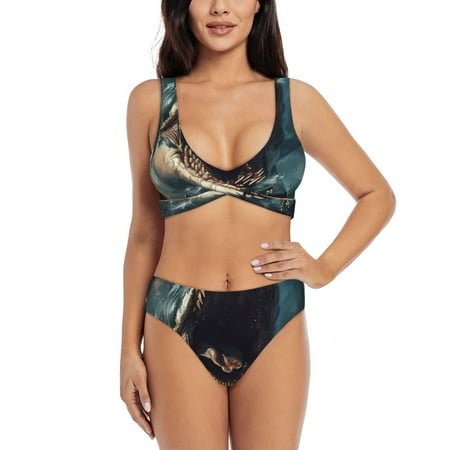 Zeuib Wave Sailboat Shark High Waisted Tummy Control Bikini Set - Knot Front Push Up Top & Cheeky Thong Bottom  Two-Piece Swimsuit for Women-Large