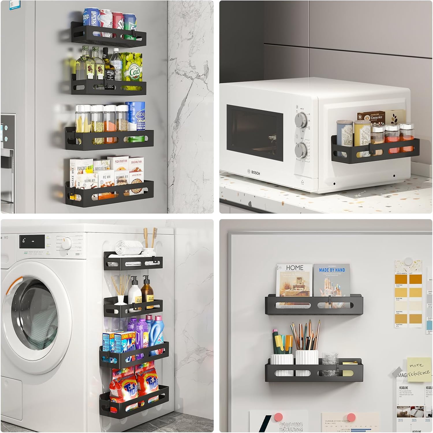 4 Pack Magnetic Spice Rack for Refrigerator - Strong Magnetic Shelves with Hooks, Metal Fridge Organizer for Kitchen Spice Storage, Space Saving Multipurpose Shelf, Black