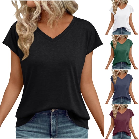 Ashirexll Tops for Women Trendy, Short Sleeve Shirts for Women, Summer Casual Solid Color V-Neck Slim Short Sleeve Top