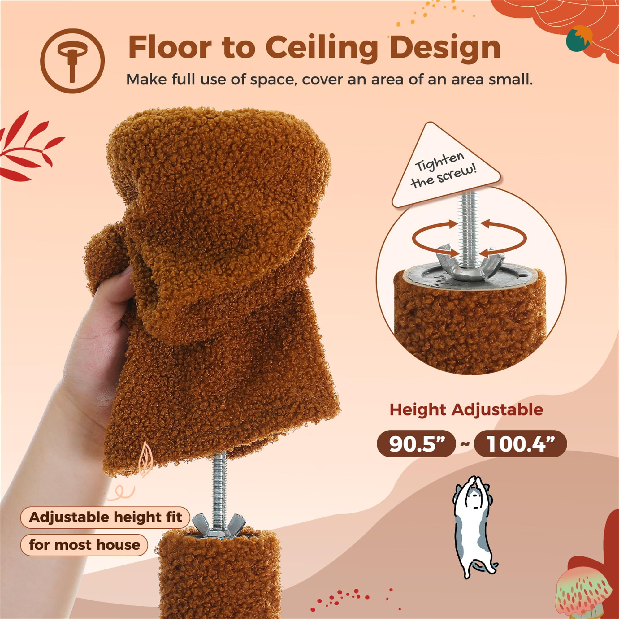 Kadyn Floor to Ceiling Tall Cat Tree Tower Adjustable (90.5"-100.4") with Cat Condo, Cat Hammock and Scratching Post, Cat Climbing Tree for Indoor Large Cats, Brown