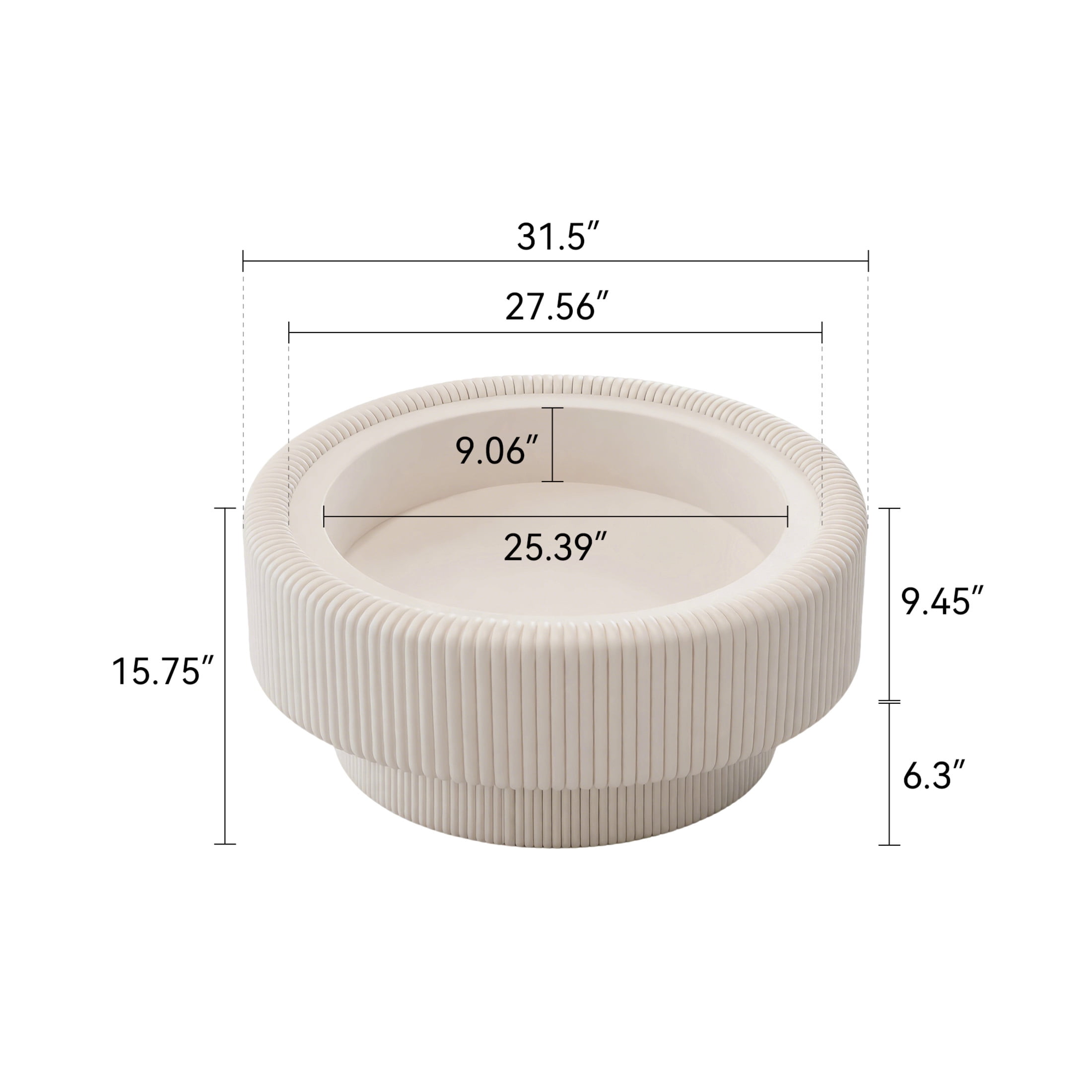 Noble House Morade 31.5" Fluted Round Storage Coffee Table with Glass Top & Leather Wrapped for Living Room, White