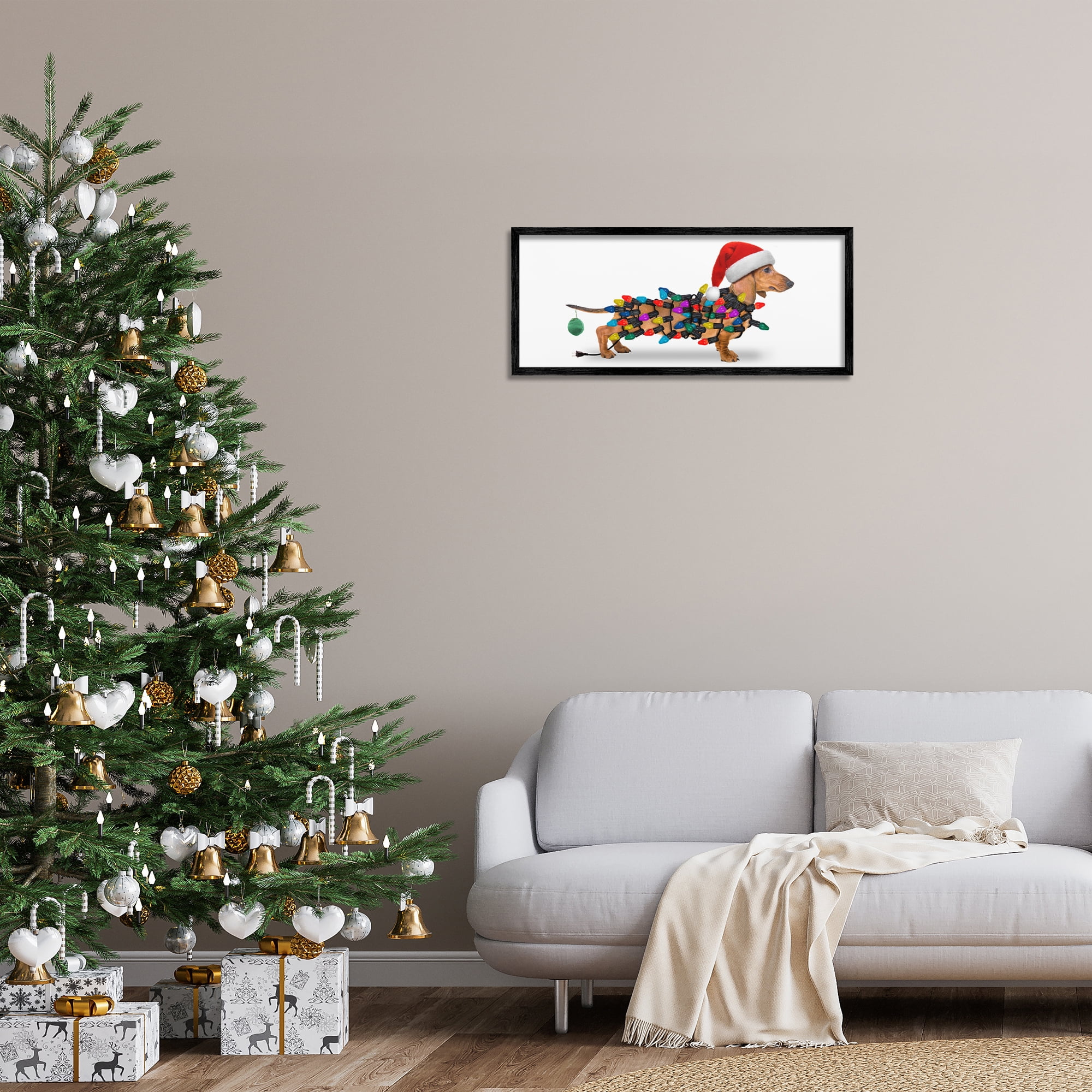 Stupell Industries Holiday Lights Dachshund Holiday Painting Black Framed Art Prints Wall Art, 30 x 13