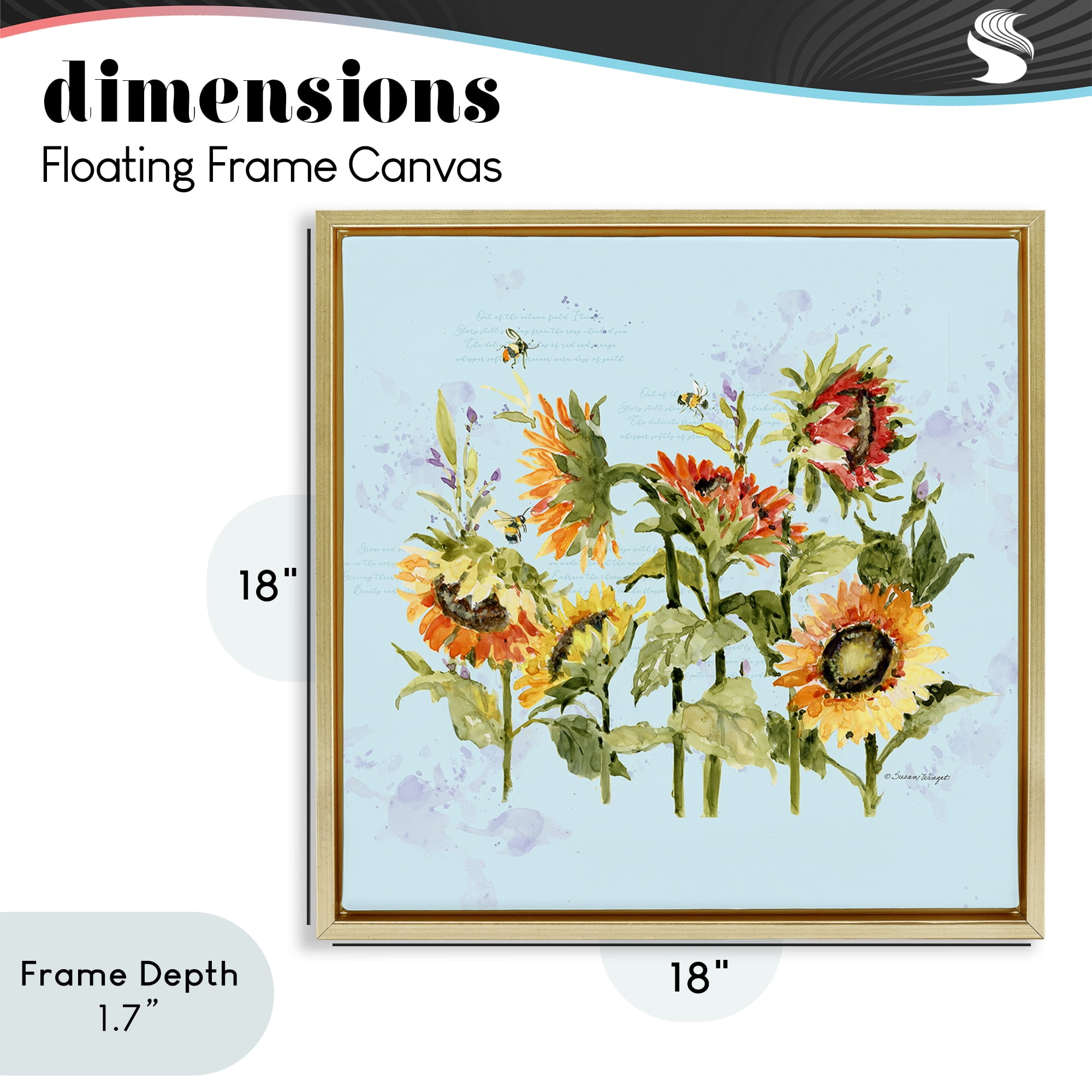 Stupell Industries Sunflowers & Bee on Blue Gold Framed Floater Canvas Wall Art, design by Susan Winget