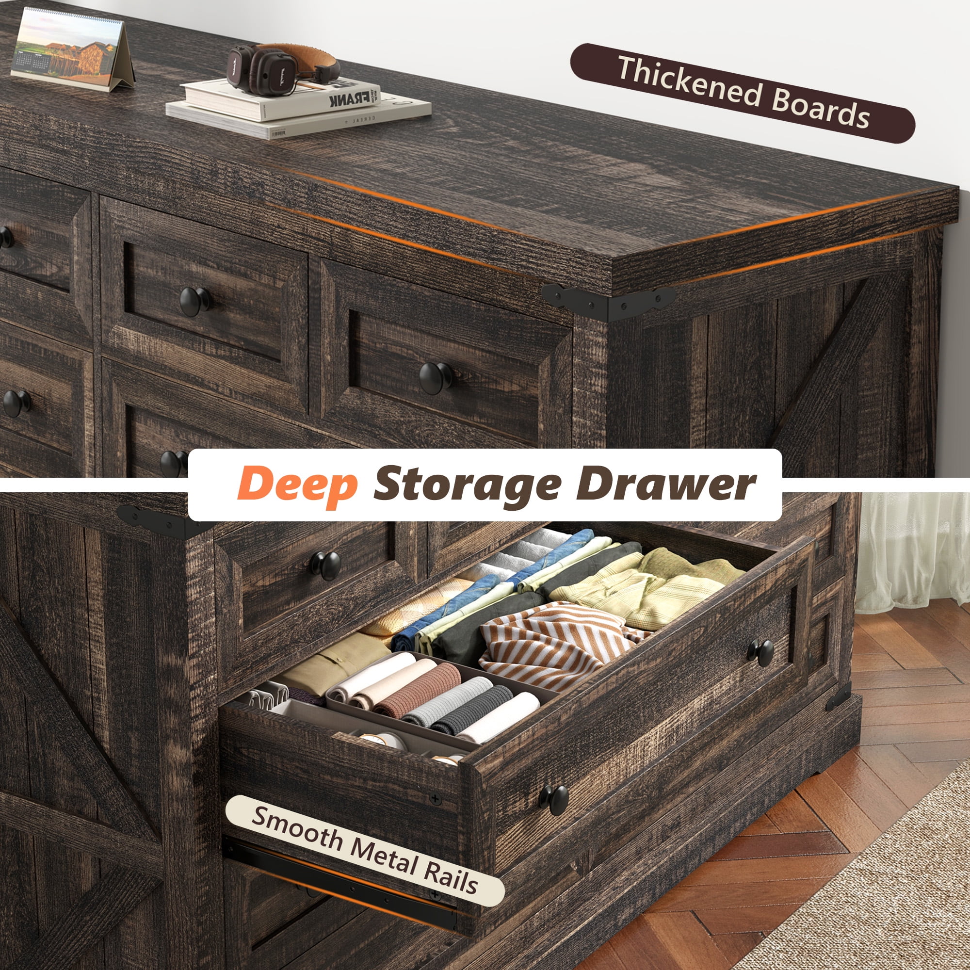 EnHomee 10 Drawers Wood Dresser for Bedroom Furniture 55" Wide Dressers & Chests of Drawers with 10 Deep Drawers, Dark Rustic Oak