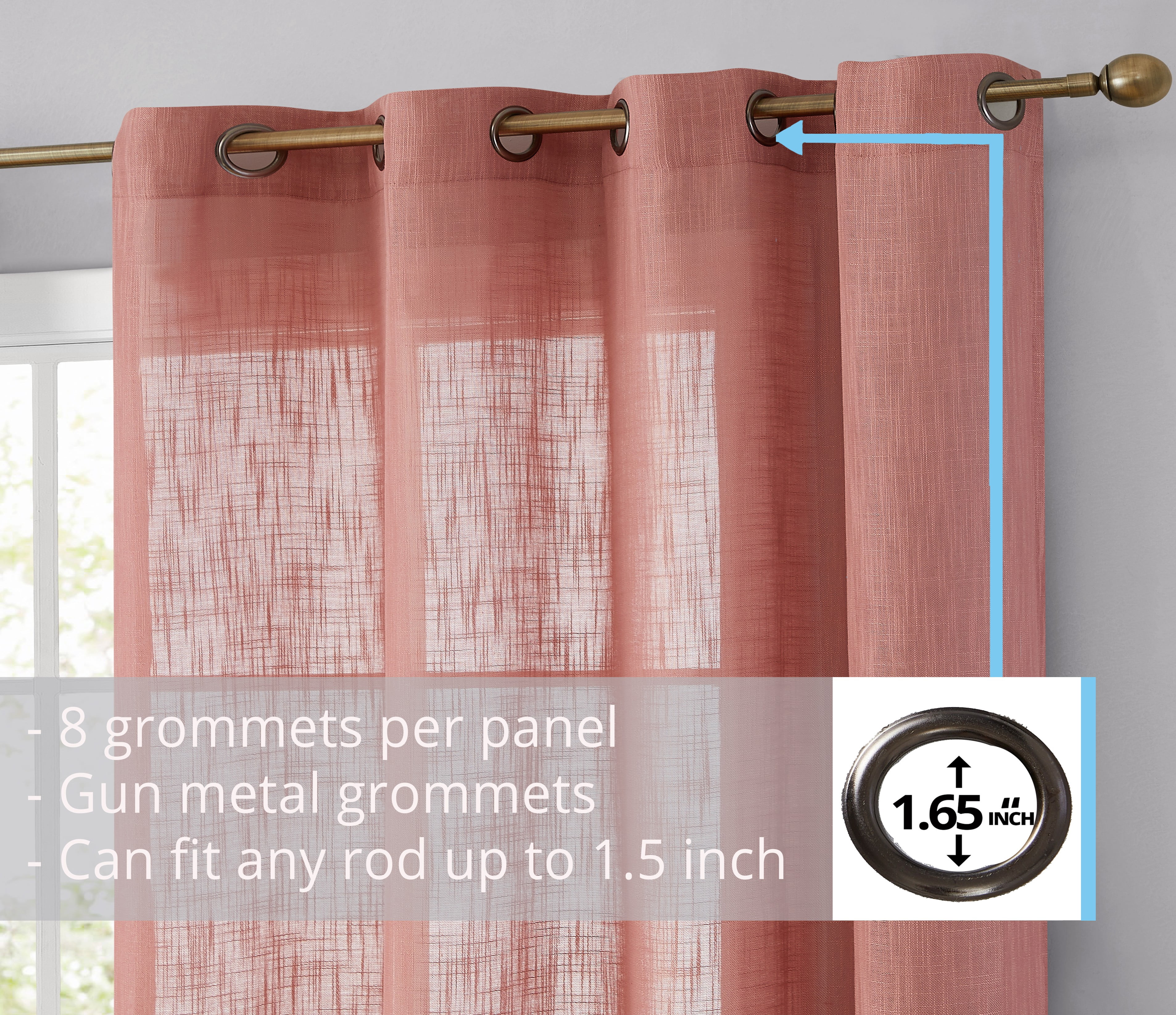 THD Serena Faux Linen Textured Semi Sheer Privacy Light Filtering Transparent Window Grommet Thick Curtains Drapery Panels for Bedroom & Living Room, 2 Panels