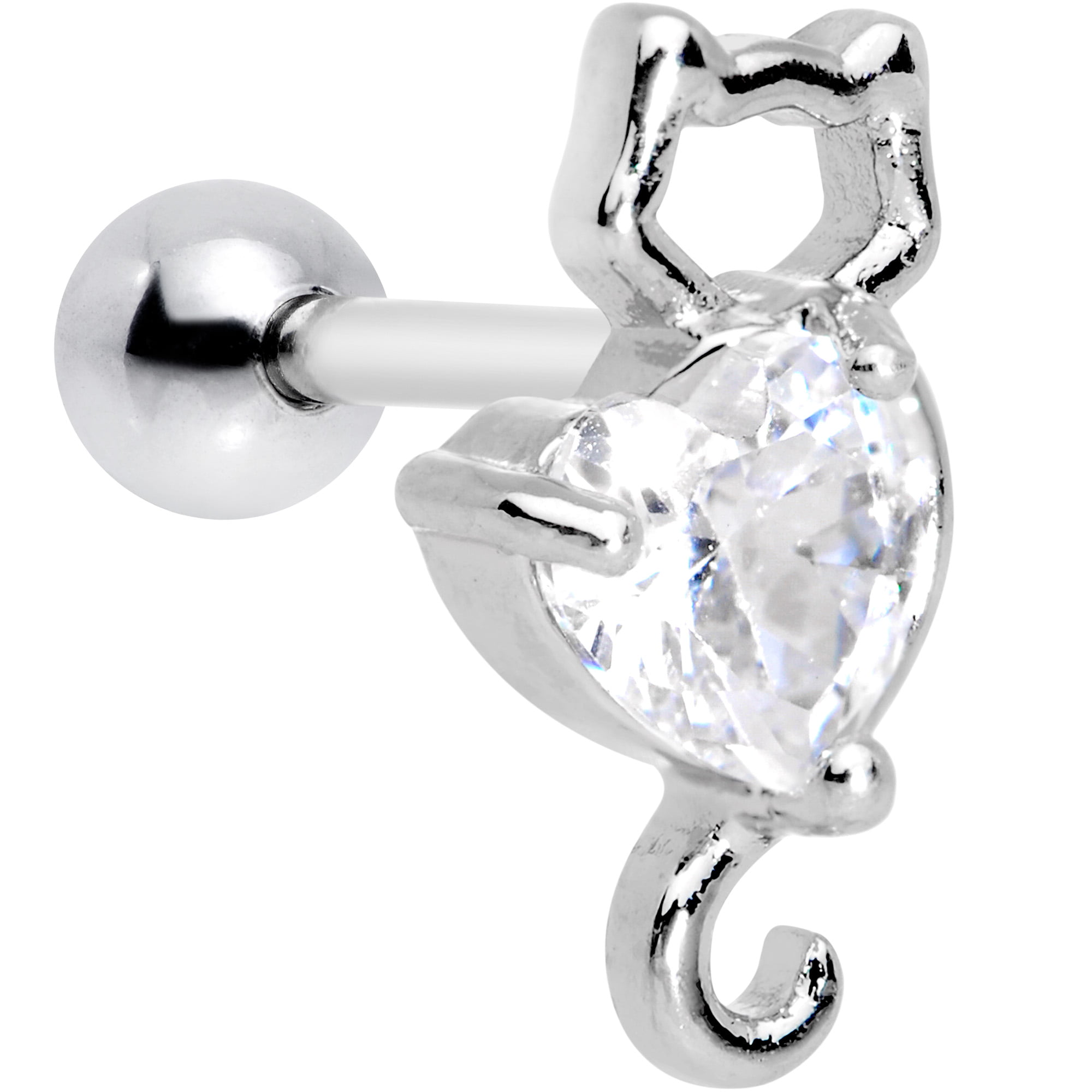 Clear CZ Heart Top 16G 316L Surgical Steel Tragus/Cartilage Barbell 