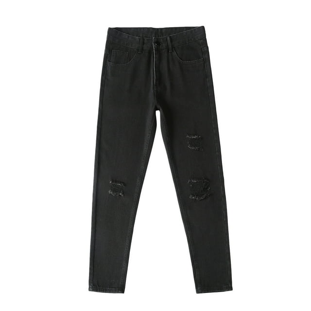 Kmbangi Men Ripped Straight-leg Jeans, Solid Color Denim Pants with Pockets