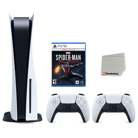 Sony Playstation 5 Disc Version Console with Extra White Controller, Marvel's Spider-Man: Miles Morales Bundle with Cleaning Cloth