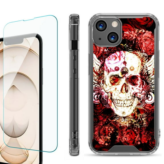 Shockproof Bumper Phone Case for iPhone 13, with Tempered Glass Screen Protector, by OneToughShield ® - Rose Skull