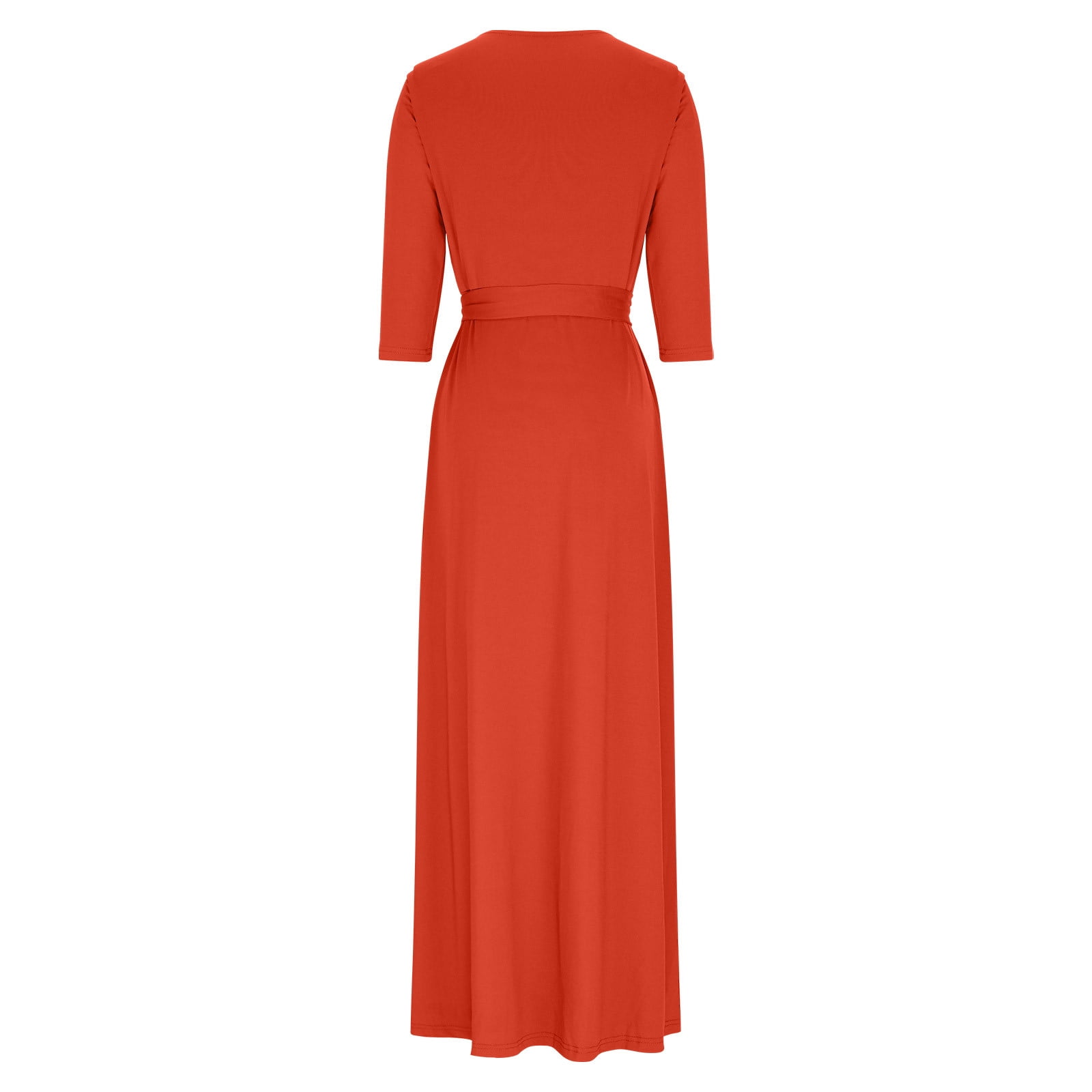 JGGSPWM Plus Size Solid Color V-neck Waist Maxi Dress for Women Spring and Autumnr Casual 3/4 Sleeve Flowy Long Dress Orange L