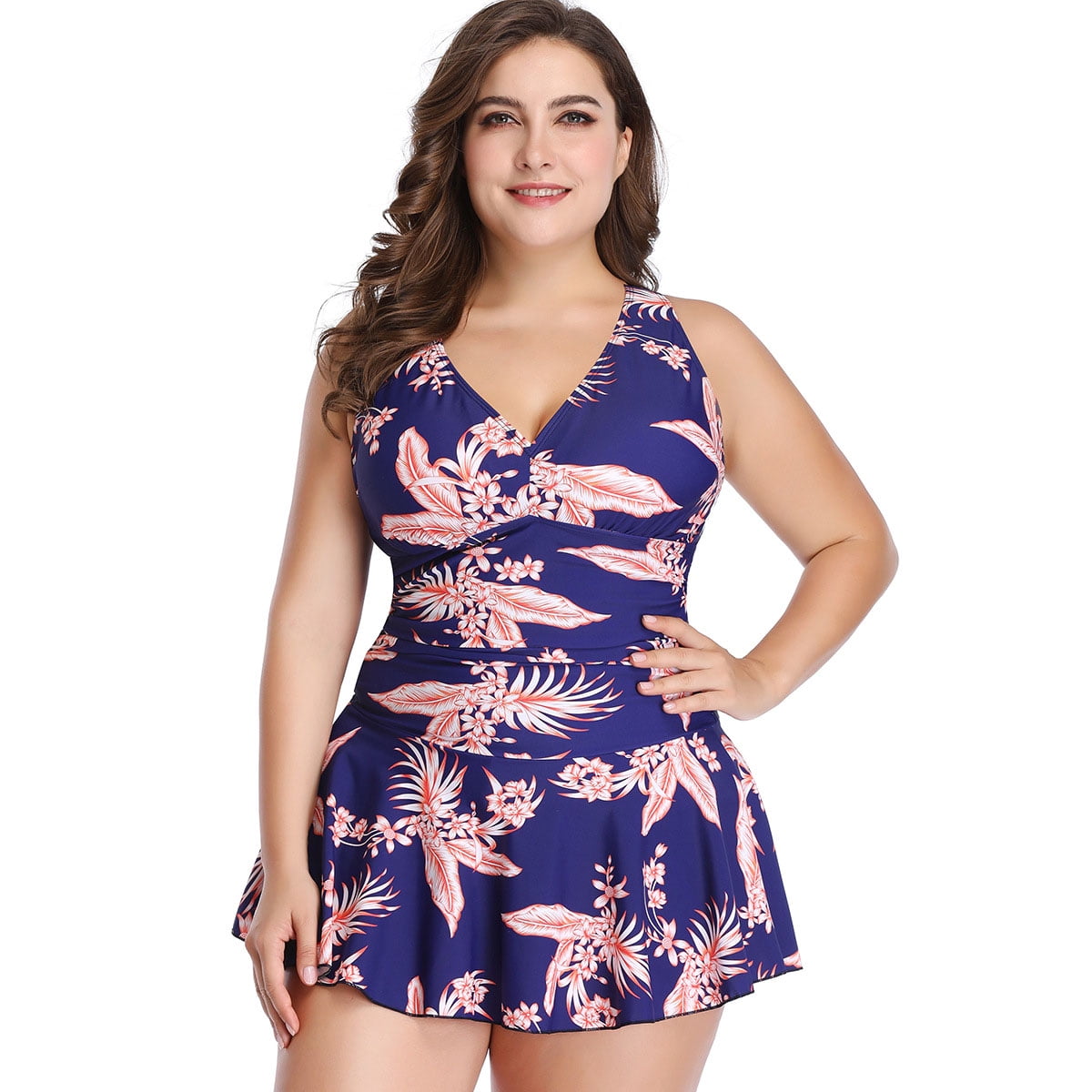 ECUPPER Womens One Piece Swimsuit Plus Size Swimwear Floral Printed Swimming Costume with Skirt