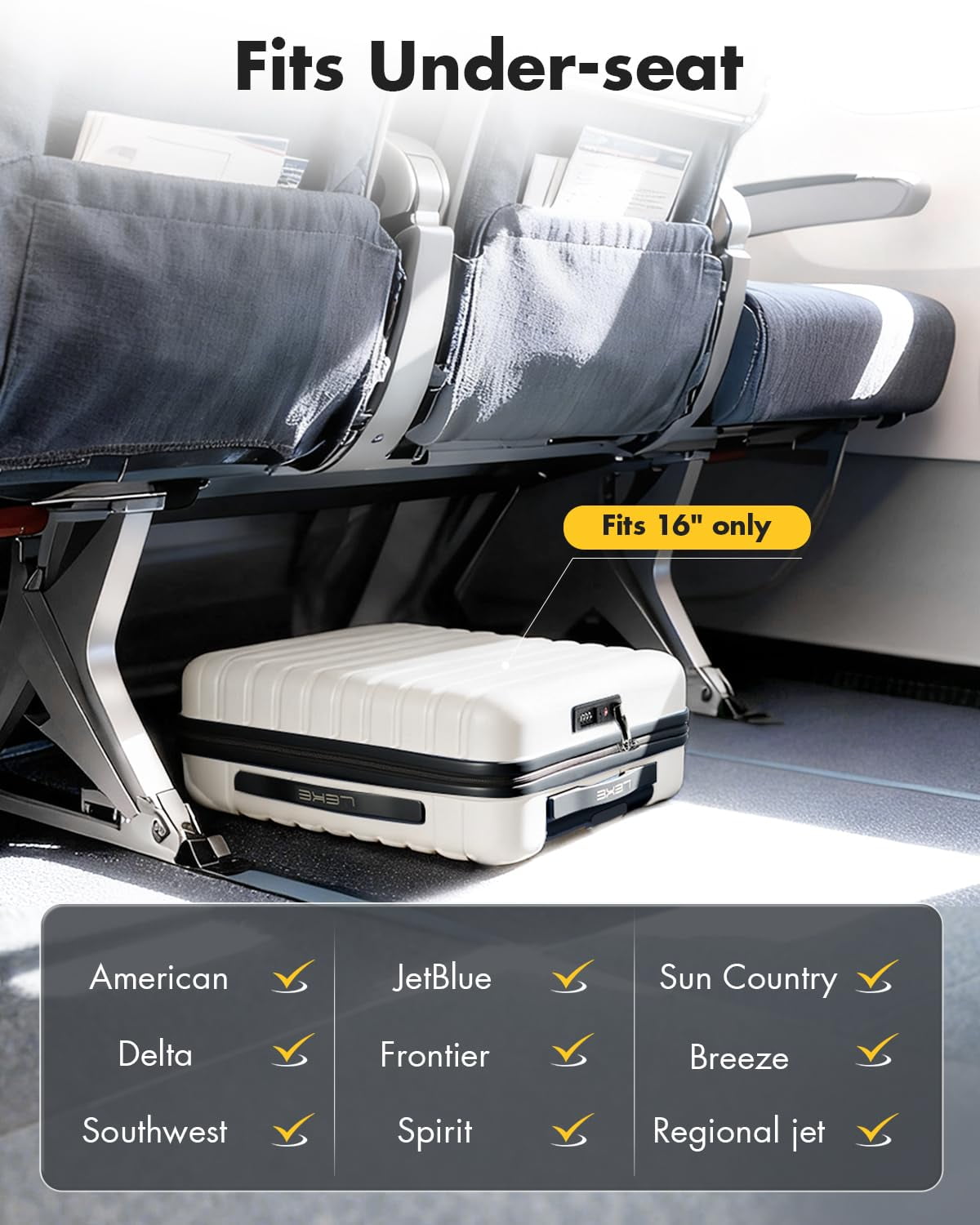 16 Inch Airline Approved Underseat Carry On Luggage, Lightweight Hard Shell Personal Item Suitcase with TSA Lock & Spinner Wheels, Beige for Travel