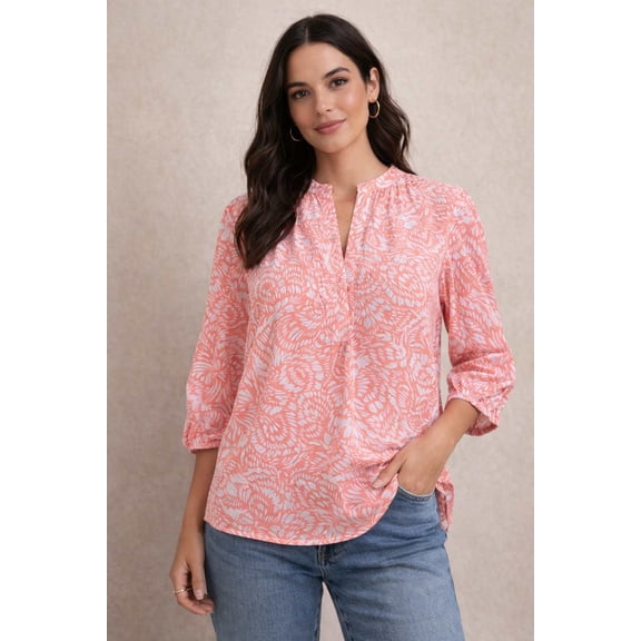 Counterparts Womens pullover printed 3/4 elastic sleeve Y neck tunic Blouse