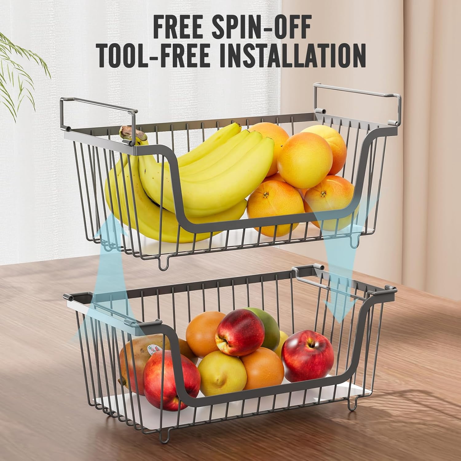 4 Pcs Stackable Wire Baskets for Pantry Organizers and Storage, Kitchen Countertop Vegetable Fruit Bins, Metal Produce Basket for Potato Onion Storage, Gray
