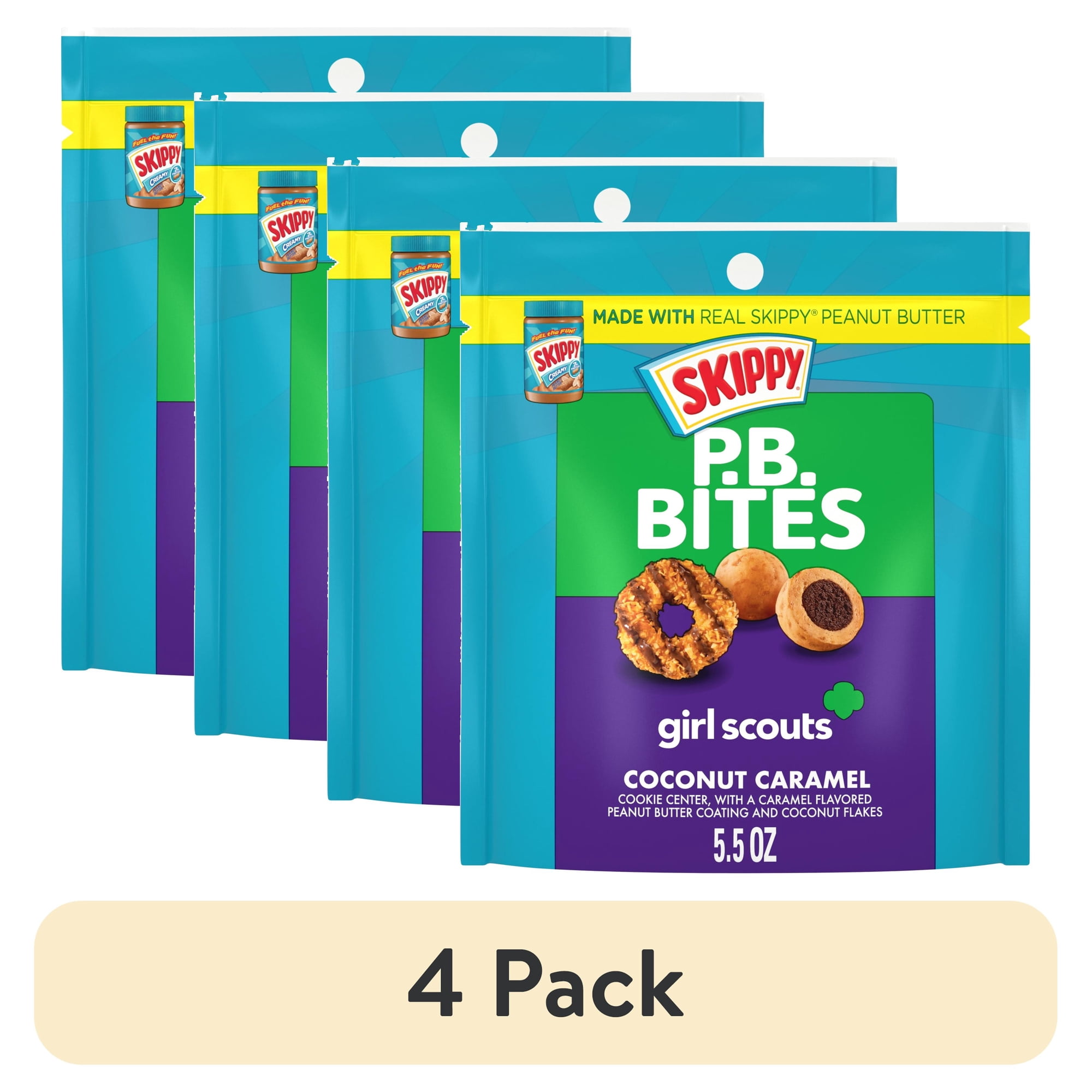 (4 pack) SKIPPY PB Bites Girl Scout Coconut Caramel Snack, Shelf-Stable, 5.5 oz Plastic Resealable Pouch