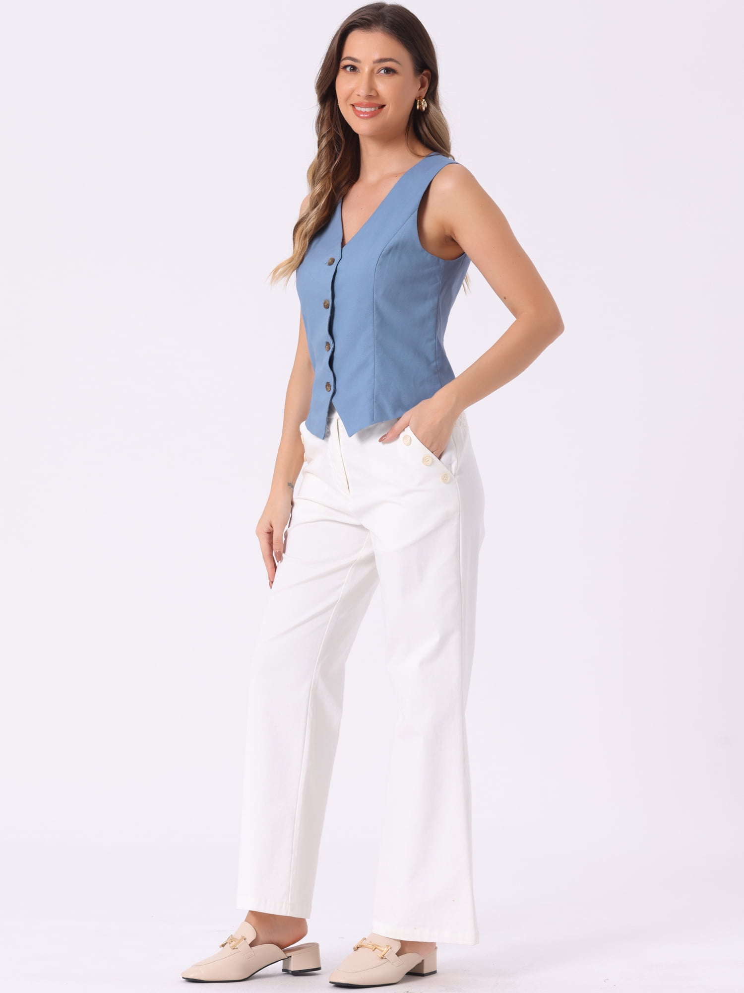 DARING DIVA Women's Button Down Sleeveless V Neck Crop Top Summer Vest XL Light Blue