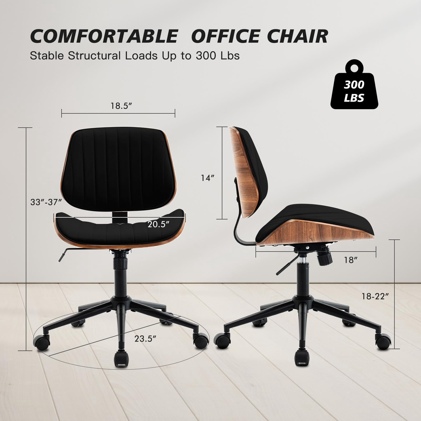 Rongbuk Home Office Chair, PU Leather Comfy Office Desk Chair with Wheels, Adjustable 360° Swivel Ergonomic Computer Chair, Armless Modern Vanity Chair Walnut Chair for Home Office, Black