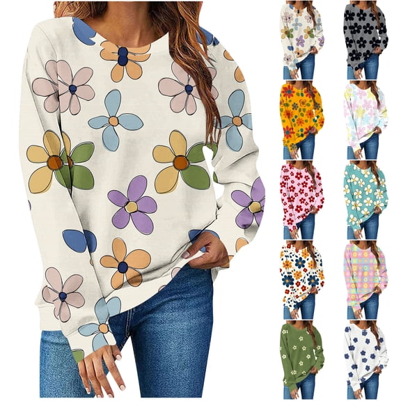 CHGBMOK Women's Floral Printed Sweatshirts Long Sleeve Crew Neck Pullover Tops Casaul Loose Fit Shirts Fall Clothes