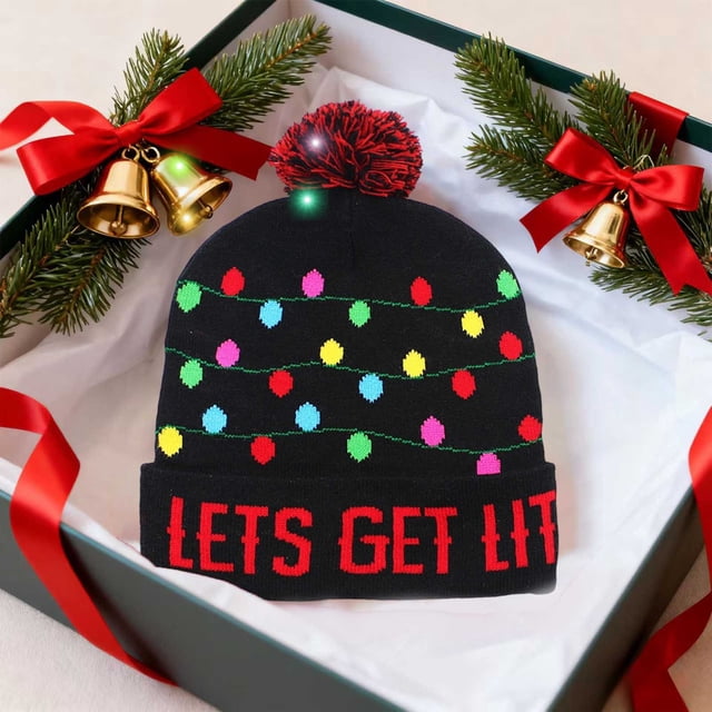 Gorro Navideño Led de Papá Noel con Pompón de Pelo, Tejido de Lana, Cálido y con Protección para Las Orejas | Acrílico Multicolor | 21 X 20 X 1 Cm | Decoración Navideña | Luces Led Arcoíris | Ideal p