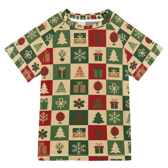 FORMRS Boys Rash Guard Short Sleeves Swim Shirt Quick Dry UPF 50 Sun Protection, Sizes 3-12T, Christmas Plaid Pattern