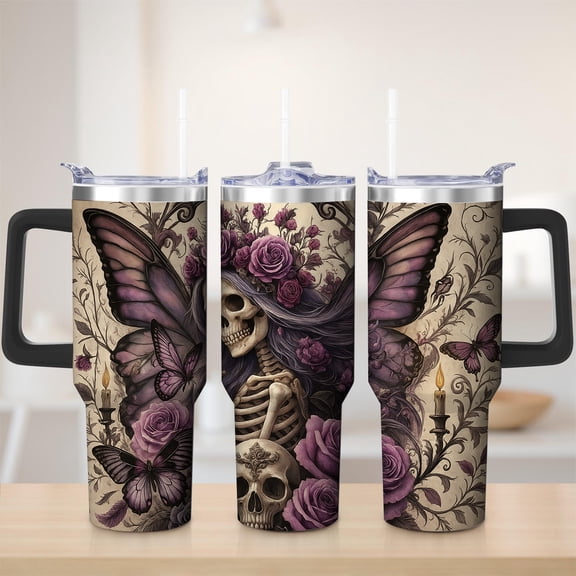 Gothic Butterfly Skeleton Stainless Steel Insulated Mug with Lid and Handle, 30oz