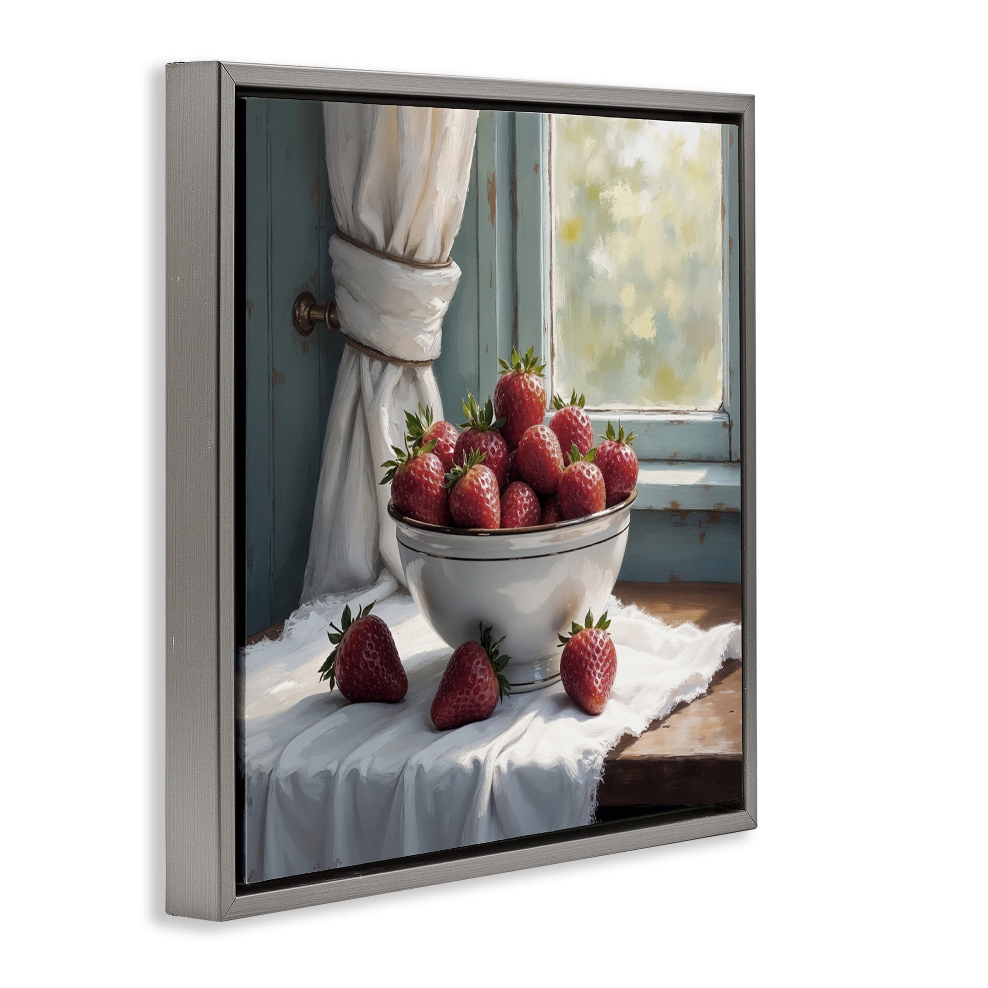 Strawberry Harvest in Window Gray Framed Floater Canvas Wall Art, design by Lettered and Lined