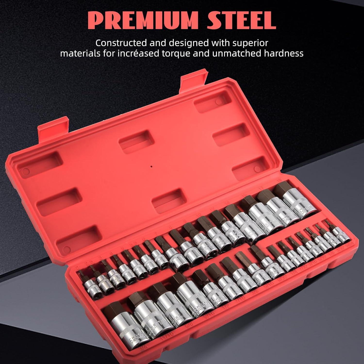 Master Hex Bit Socket Set 32-Piece, Allen Socket Set, 1/4'', 3/8”& 1/2'' Hex Drive Sockets, SAE & Metric, S2 Alloy Steel Combine with Cr-V, 5/64” to 3/4”，2mm to 19mm