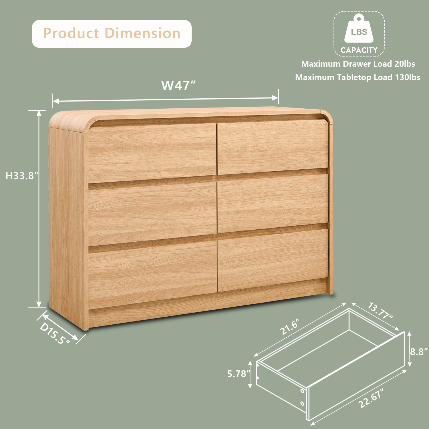 wow97e Modern 6 Drawers Dresser for Bedroom, 47" Wide Wood Chest of Drawers w/Curved Profile Design, for Bedroom, Living Room, Natural Oak