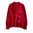 thumbnail image 4 of Suéter rojo de primavera y otoño para mujer, holgado, con lazo dulce, botones decorativos, cuello redondo y hombros descubiertos, 4 of 4