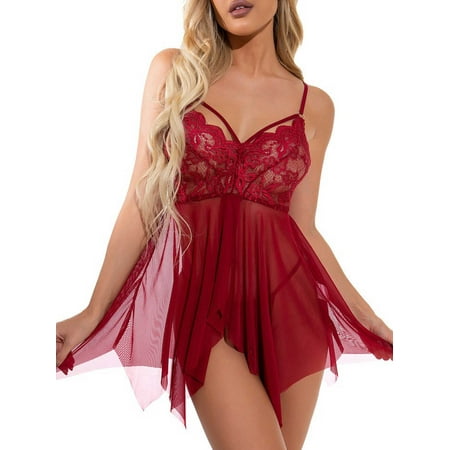 

Julycc Plus Size S-5XL Womens Bralette Lace Sleepwear Gown G-string Thong Pajamas Nightdress