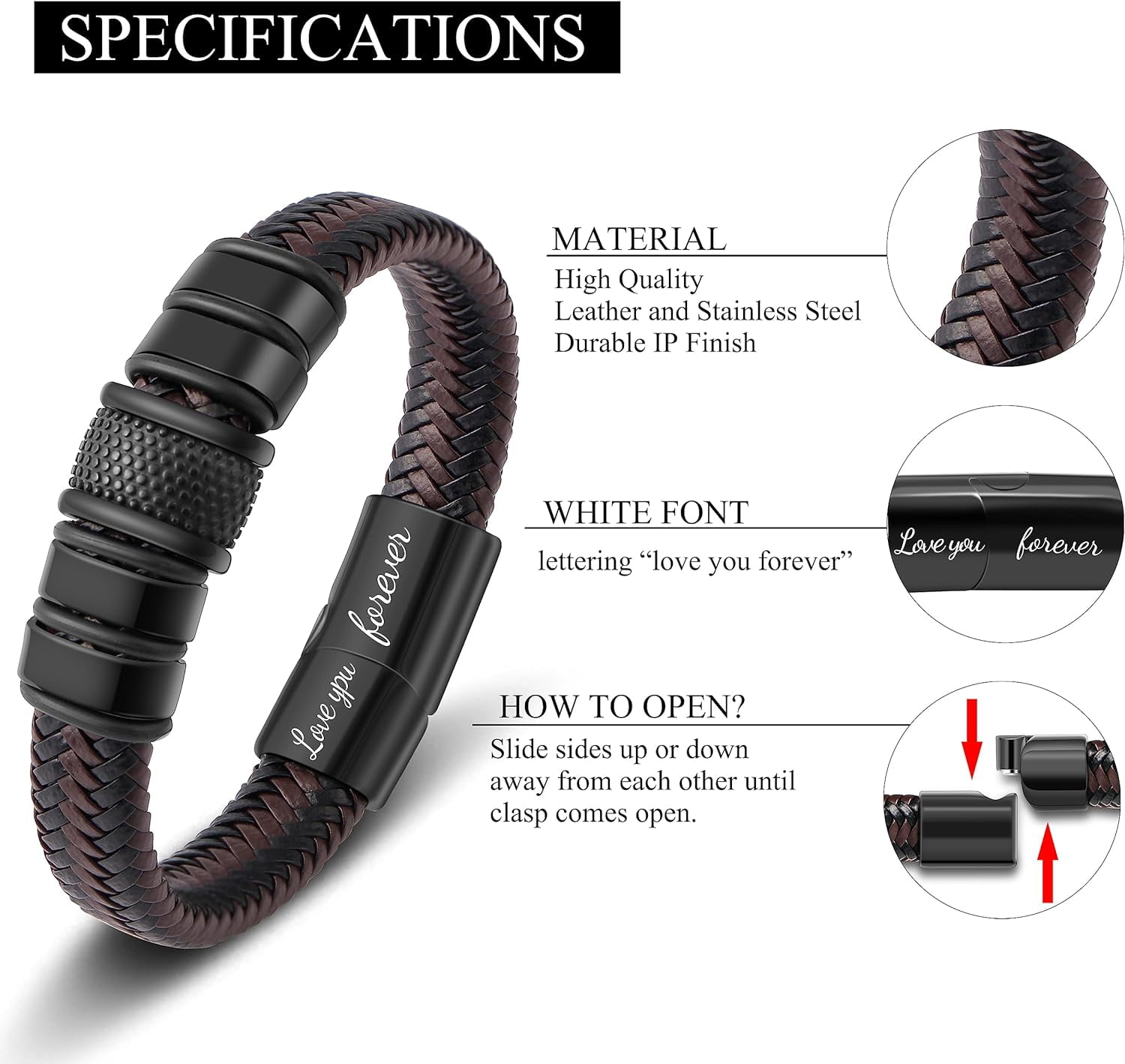 Gifts for Brother from Sister Birthday Christmas Black Leather Bracelets for Men Thanksgiving Day Graduation Braided Layered Wristband Cuff Bracele Love You Forever Gift 7.5 Inches Single-To My Brothe