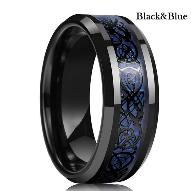 Fashion Men's 8mm Red Tungsten Wedding Celtic Dragon Rings Inlaid Blue Zircon Stainless Steel Green Carbon Fibre Rings For Men E 9