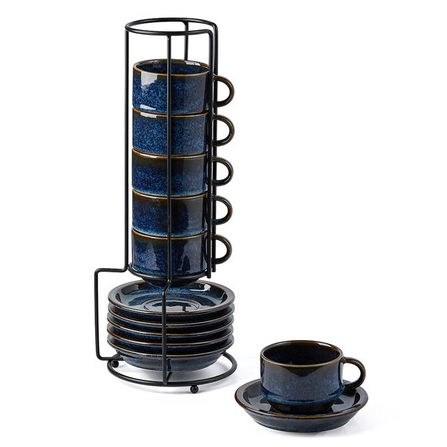 JIEMEI HOME Porcelain Stackable Espresso Cups with Saucers and Metal Stand,4 Ounce Demitasse Cups for Coffee Drinks, Latte, Tea - Set of 6, Stackable Espresso Mugs,