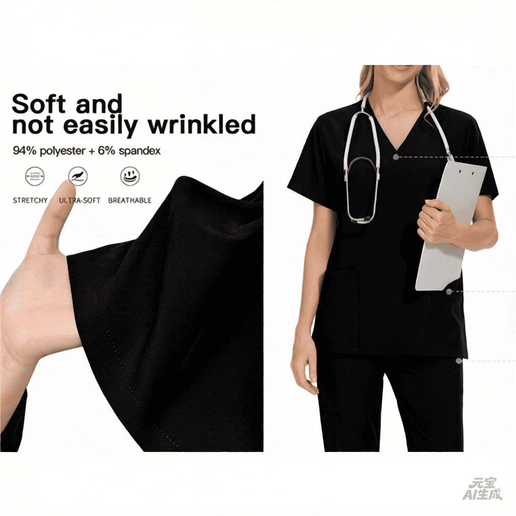 Scrub Sets for Woman Solid Color V-Neck Short Sleeve Long Pants Nurse Uniform with Pock Black S