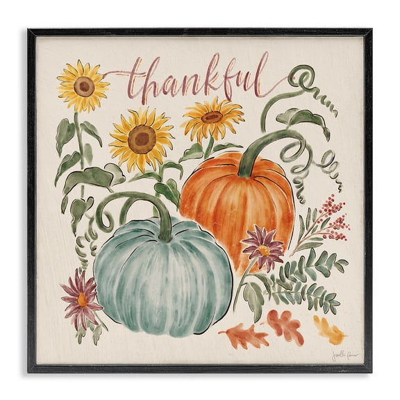 Stupell Industries French Country Thankful Text Autumnal Flower Blossoms Pumpkins Design Black Framed Giclee Art, 12 x 12, by Janelle Penner