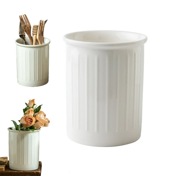 Dingrich Ceramic Utensil Holder, Large Kitchen Counter Storage Jar with Chic Relief Design (9.8 x 13.4 cm) for Knives, Forks, Spoons, Tablespoons, Kitchenware and Flower Arrangement - White