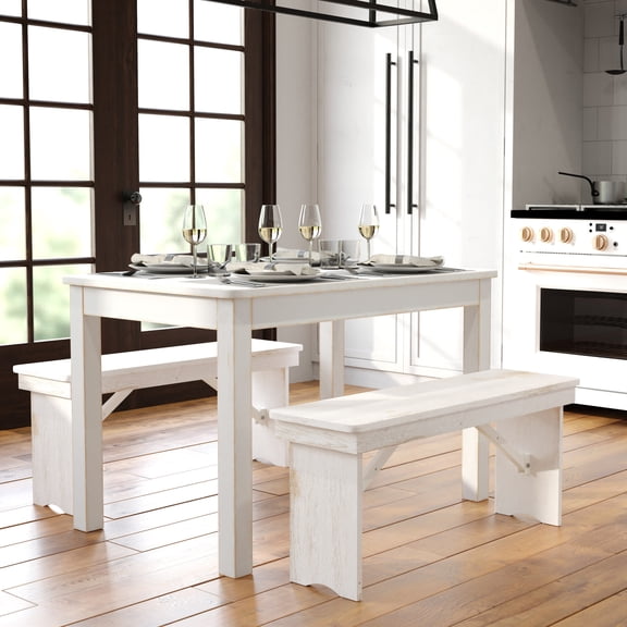 BizChair HERCULES Series 46" x 30" Rectangular Antique Rustic White Solid Pine Farm Dining Table