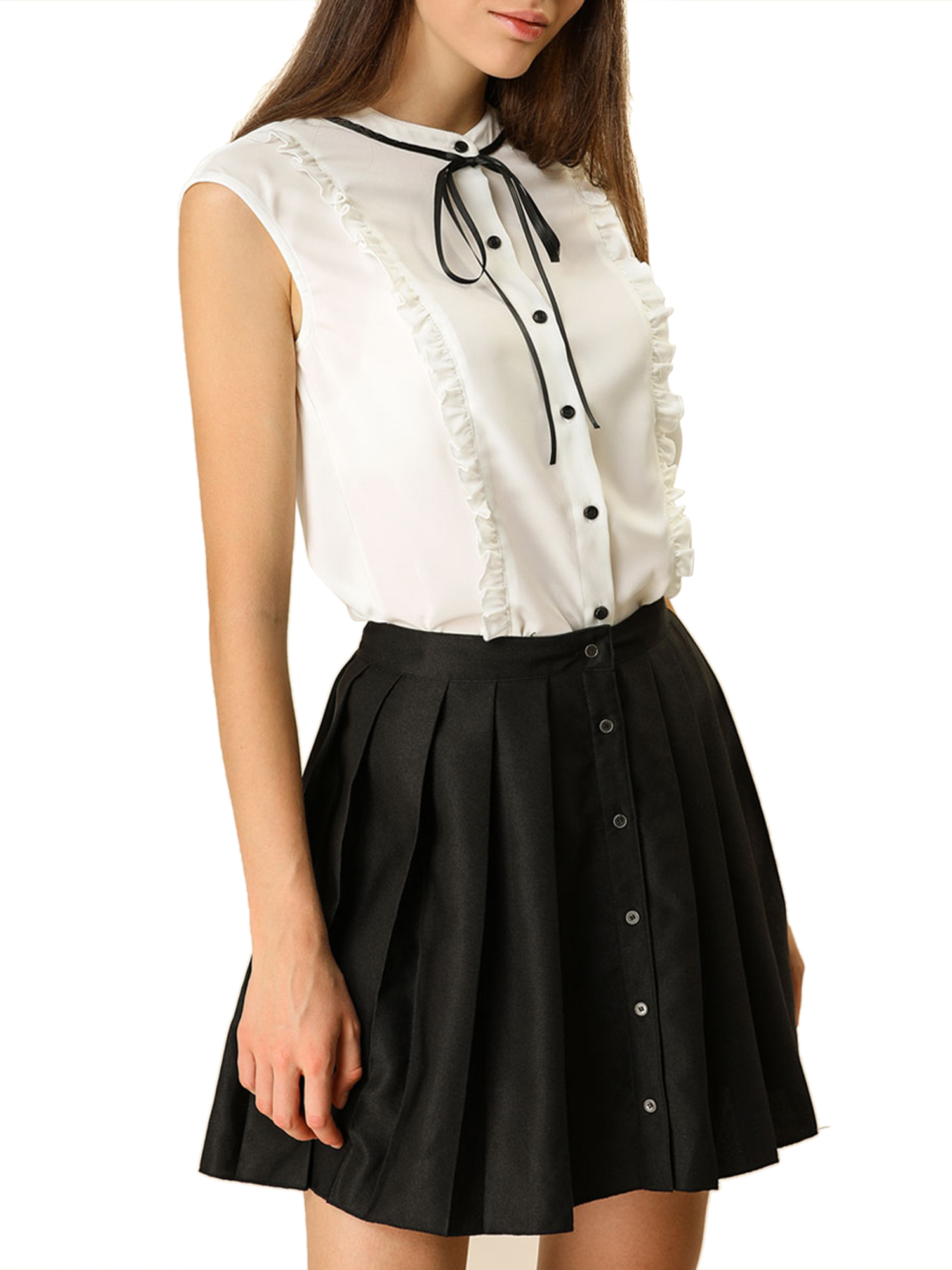 Unique Bargains Women's Summer Tie Neck Sleeveless Ruffle Chiffon Shirt M White