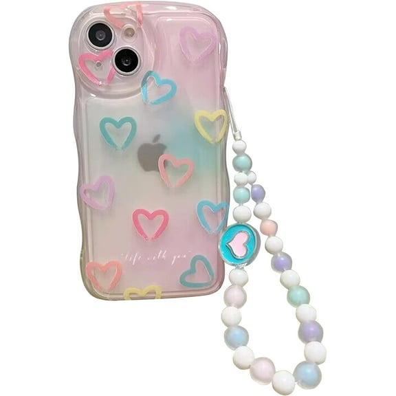 Compatible with iPhone 14 Pro Case for Women/Girls, Cute Curly Wave Love-Heart Anti-Scratch Shockproof Case with Bracelet for iPhone 14 Pro, Love-Heart with Bracelet