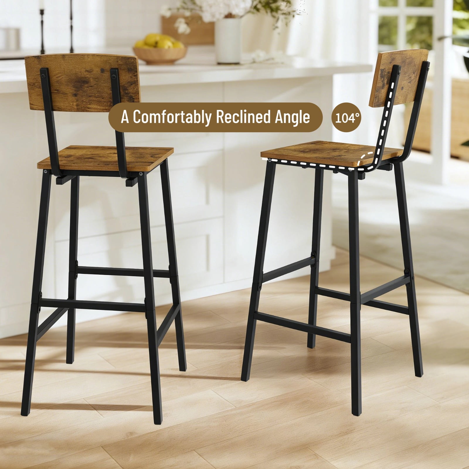 Set of 2 Bar Stools with Backrest, 26"/30" Counter Height Barstools, Rustic Wood & Metal Industrial Bar Chairs, Farmhouse Armless Bar Stools for Kitchen Island, Dining Room, Pub, Bistro