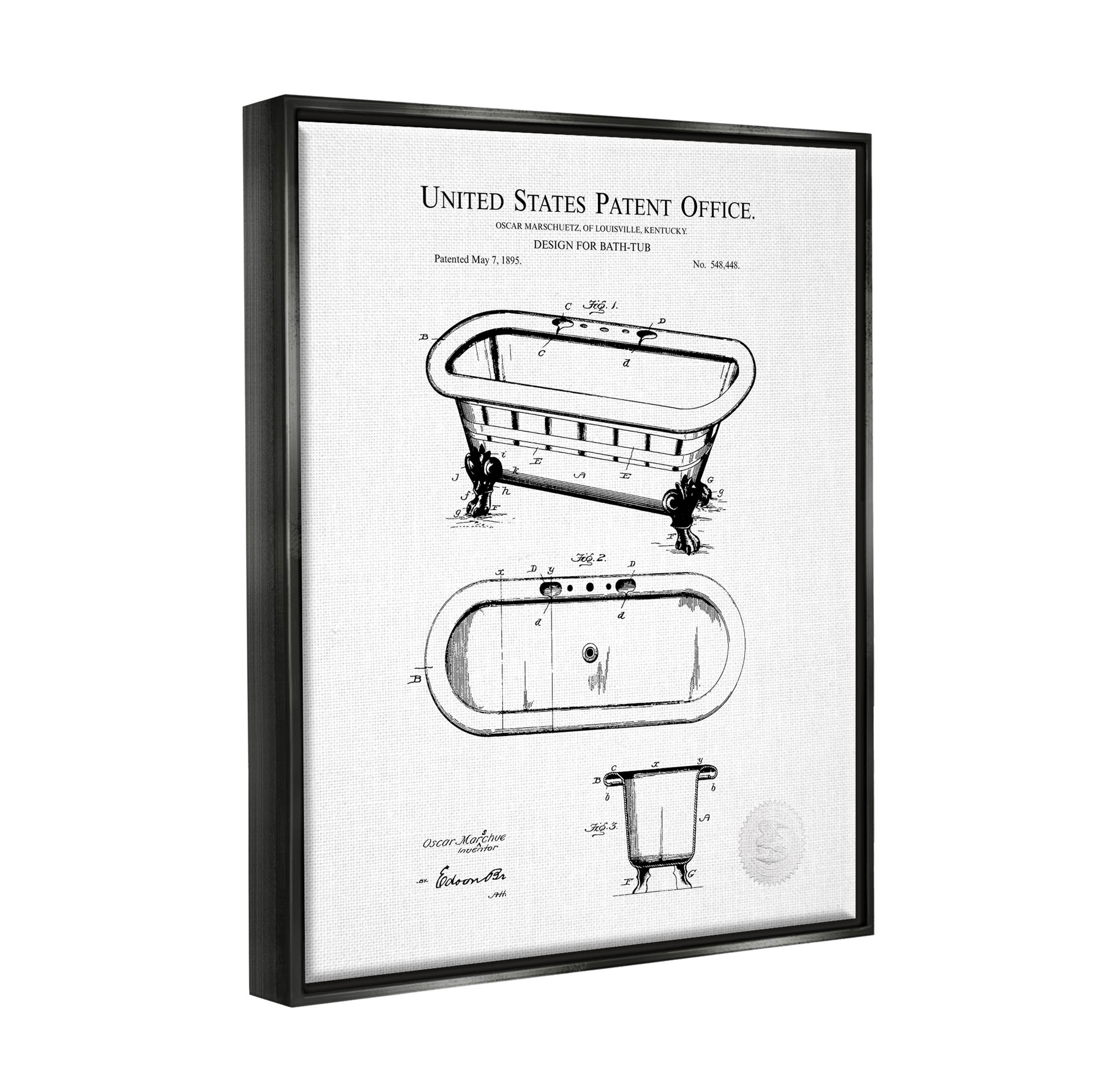 Stupell Industries Vintage Claw Tub Patent Graphic Art Jet Black Floating Framed Canvas Print Wall Art, Design by Karl Hronek
