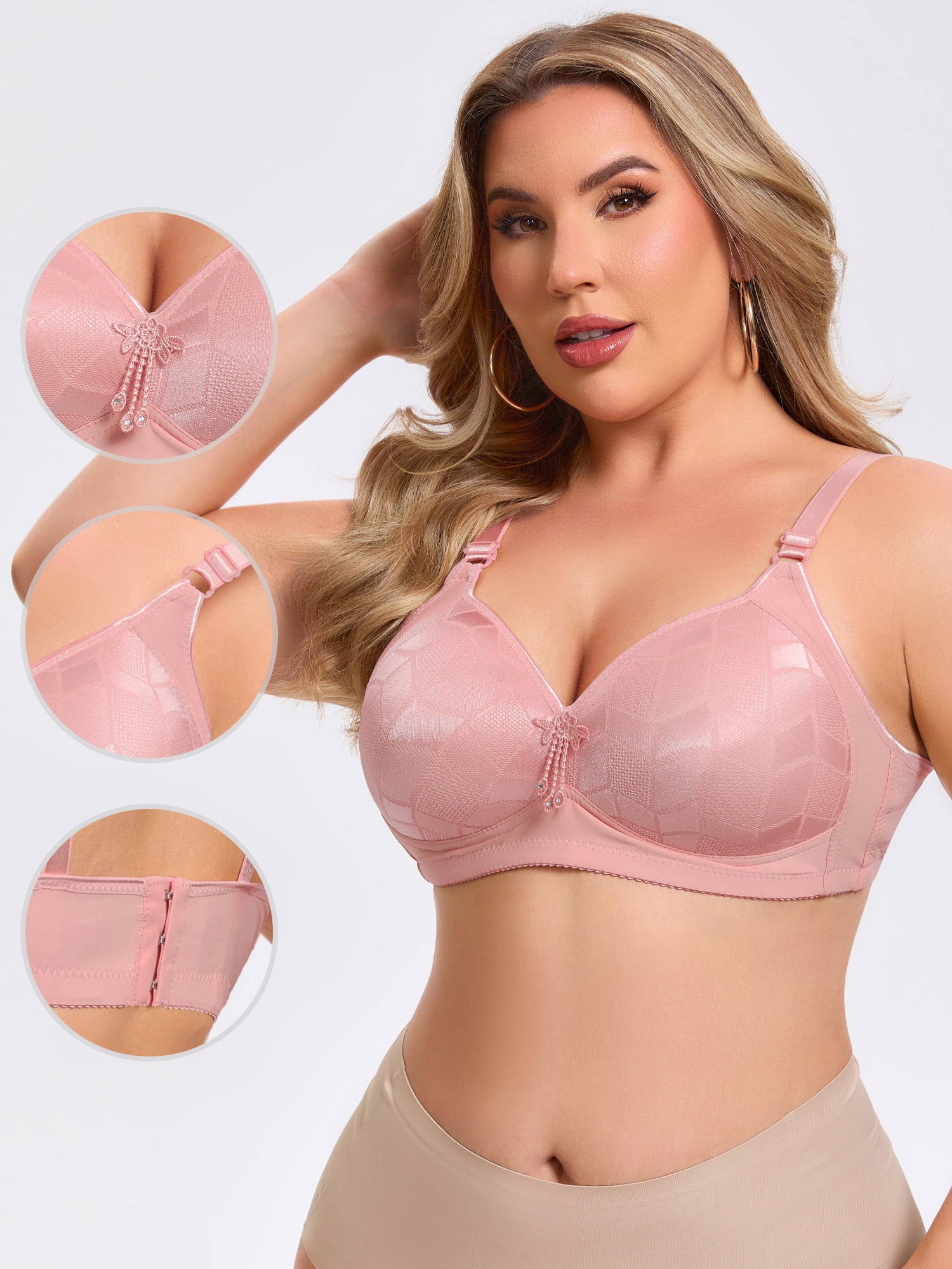 DARING DIVA Women's Deep V Wireless Bralette Soft Cup Adjustable Straps Bra C 52 Pink