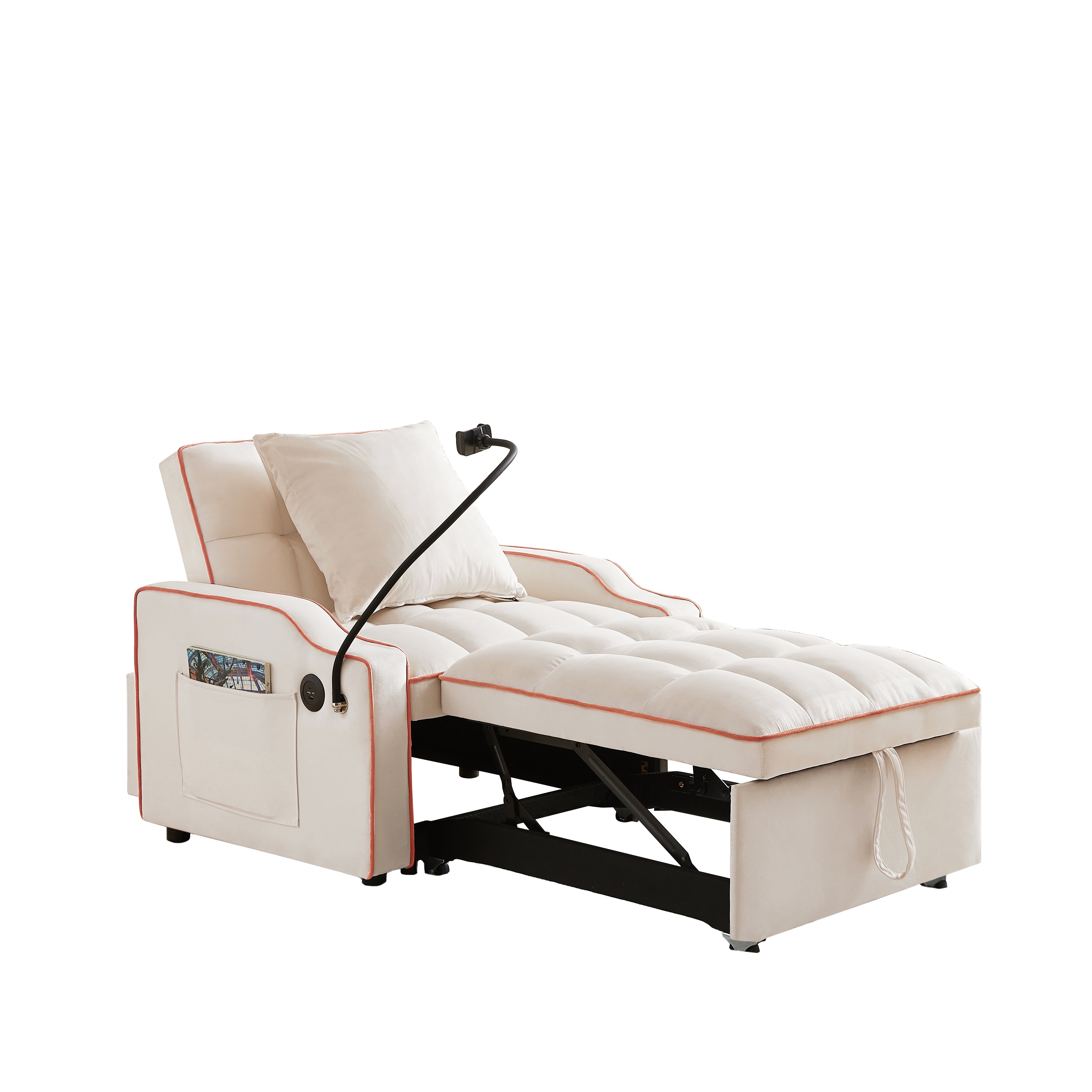 Leumius Convertible Sofa Chair Bed,3-in-1 Sleeper Sofa with Pull-Out Bed,Modern Velvet Single Sofa Chair with Reclining Backrest and Wide Armrest for Living Room Small Space,Beige