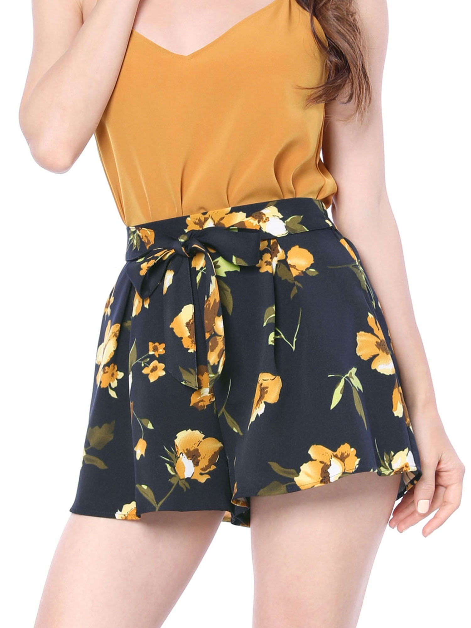 DARING DIVA Women's Floral Print Elastic Tie Waist Beach Short L Blue