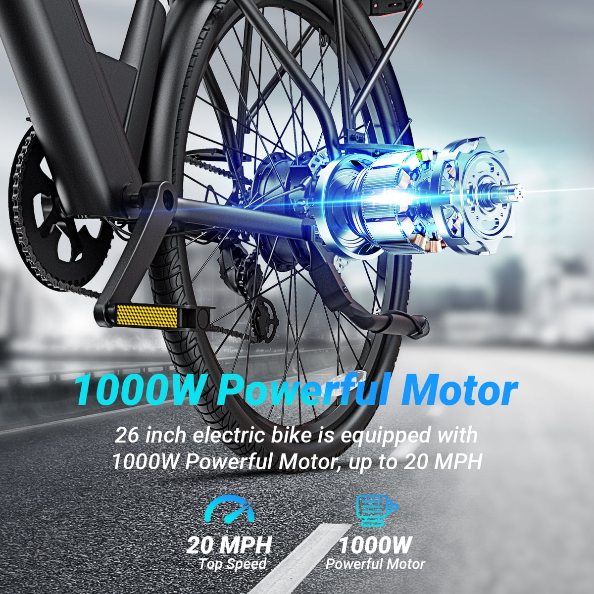 DYU Electric Bike for Adults,26" Ebike,1000W Peak Power Motor,48V 10.4Ah Removable Battery,20MPH,45 Miles Max,7-Speed Electric Bicycle,UL 2849